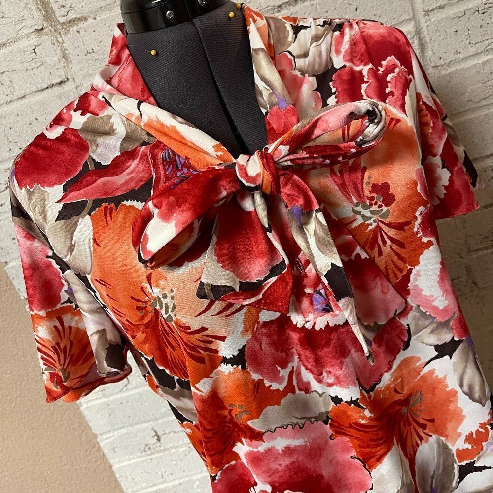 Vintage Devon Floral Orange Pink Short Sleeve Secretary Shirt Small